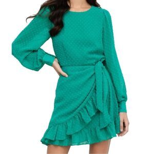 NWT YUMI KIM Daphne Faux Wrap Dress - Jewel Emerald Swiss Dot Small